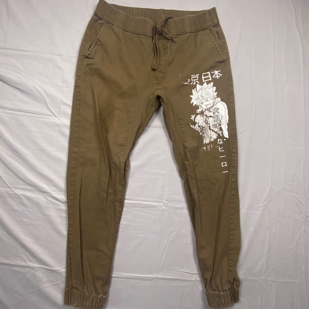 Ring Of Fire Mens XL Anime Graphic‎ Jogger Pants Khaki Brown Stretch Twill